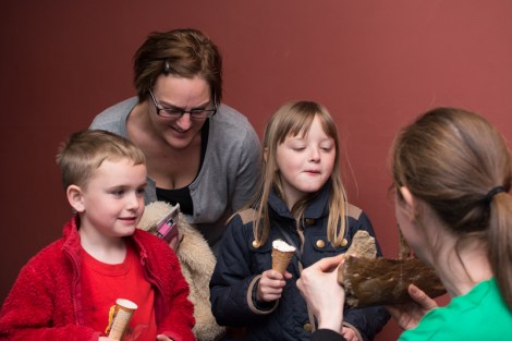 A family enjoy pre-show ice creams while learning about the Megalosaurus