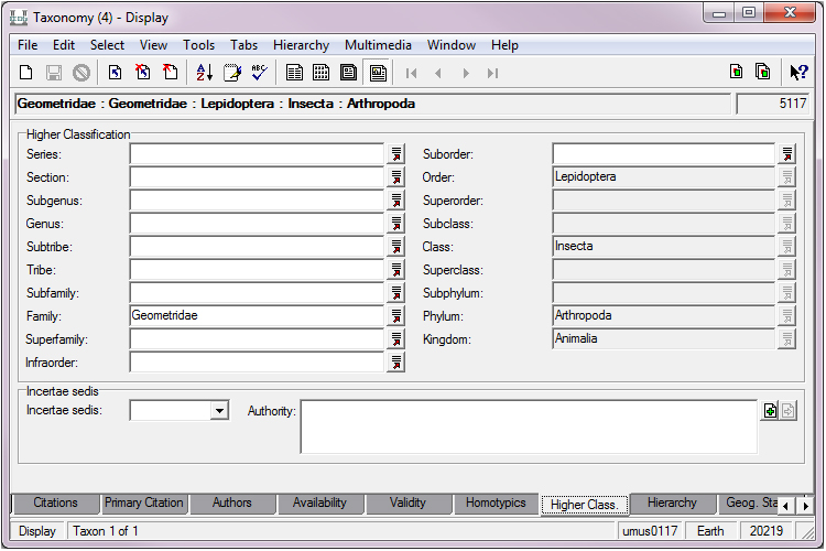 Screenshot of taxonomy fields for entomology in KE EMu CMS