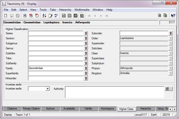Screenshot of taxonomy fields for entomology in KE EMu CMS
