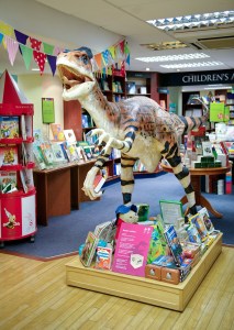 The Utahraptor model in Blackwell's bookshop as part of the Goes to Town project. Photo: Mike Peckett