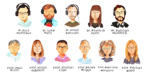 A set of illustrated cartoons of the heads of eleven people with their names handwritten underneath 