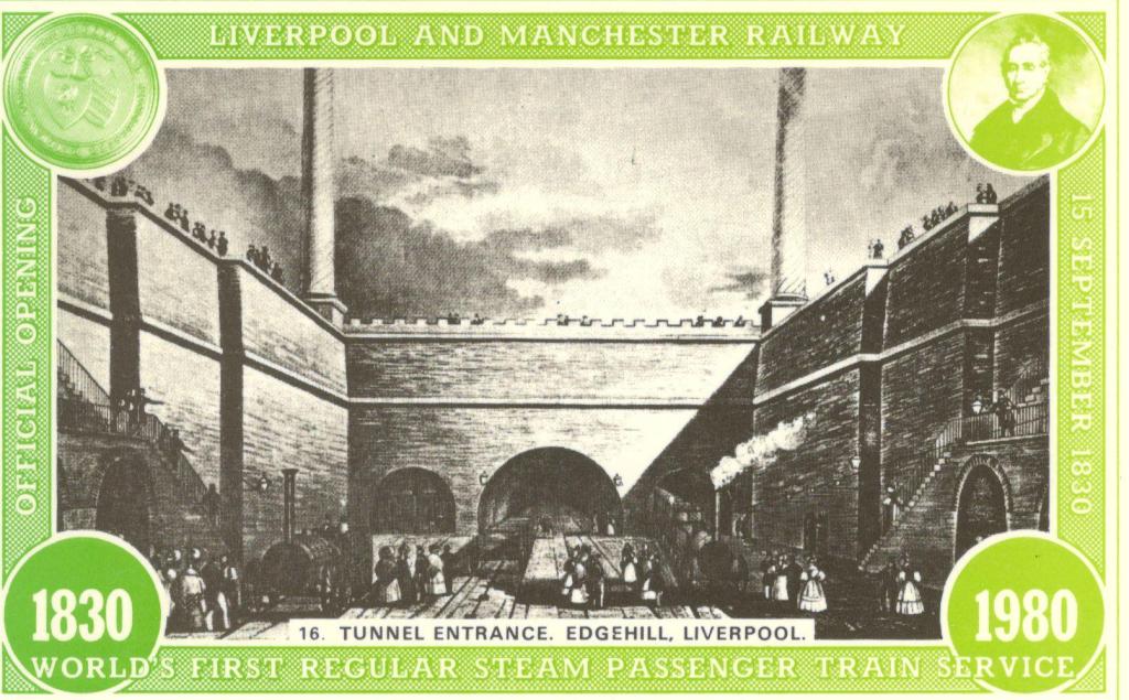 Black and white image of railway station  on postcard.