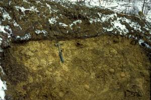 Rock face with geologists hammer