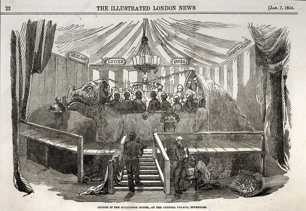 Line drawing of a group of men sitting inside a hollow model of a dinosaur inside a curtained tent