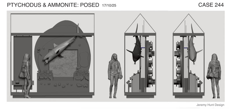 Digital 3D model of a museum showcase design, shown in grey, without any colouring or texture. The model shows a woman for scale, indicating the case is around 3 metres wide and 2 metres tall. In the case are the modelled contents of the display, including a large shark model.